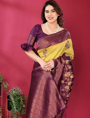 yellpw wine silk blend banarasi saree with unstitched blouse piece 1