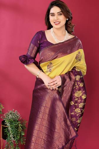 yellpw wine  soft art silk blend banarasi jacuard work designer party wear saree with unstitched blouse piece