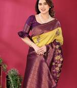 yellpw wine  soft art silk blend banarasi jacuard work designer party wear saree with unstitched blouse piece