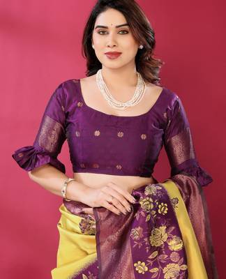 yellpw wine silk blend banarasi saree with unstitched blouse piece 5