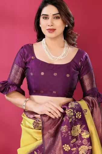 yellpw wine silk blend banarasi saree with unstitched blouse piece
