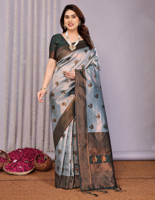 sea green silk blend banarasi saree with unstitched blouse piece 2