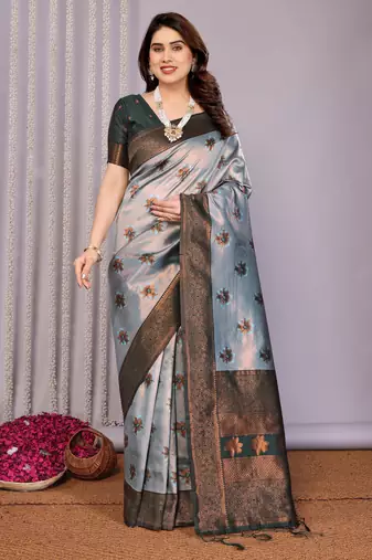 sea green silk blend banarasi saree with unstitched blouse piece