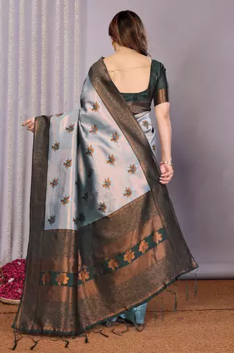 sea green silk blend banarasi saree with unstitched blouse piece