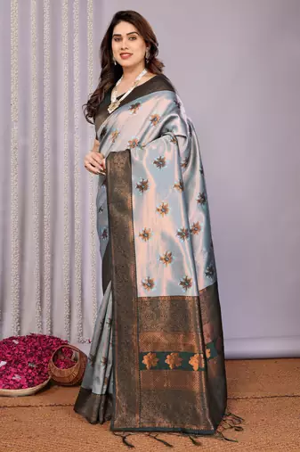 sea green silk blend banarasi saree with unstitched blouse piece