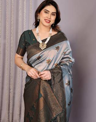 sea green silk blend banarasi saree with unstitched blouse piece 1