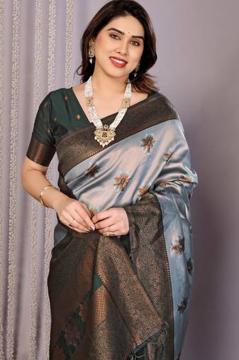 sea green  soft art silk blend banarasi jacuard work designer party wear saree with unstitched blouse piece