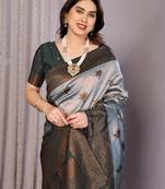 sea green silk blend banarasi saree with unstitched blouse piece