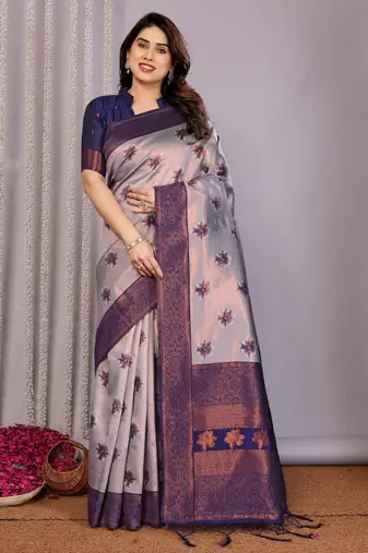 grey neavy blue  soft art silk blend banarasi jacuard work designer party wear saree with unstitched blouse piece