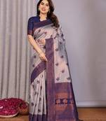 grey neavy blue  soft art silk blend banarasi jacuard work designer party wear saree with unstitched blouse piece