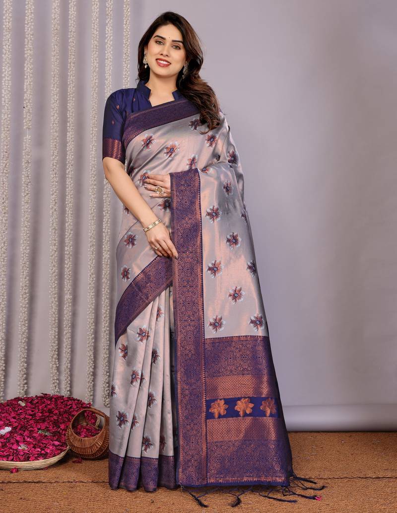 grey neavy blue  soft art silk blend banarasi jacuard work designer party wear saree with unstitched blouse piece