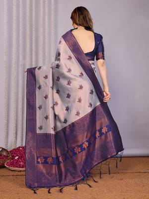 grey neavy blue silk blend banarasi saree with unstitched blouse piece 3