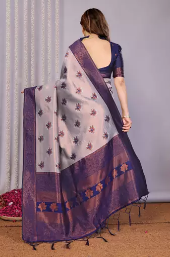 grey neavy blue silk blend banarasi saree with unstitched blouse piece