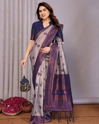 grey neavy blue silk blend banarasi saree with unstitched blouse piece 4