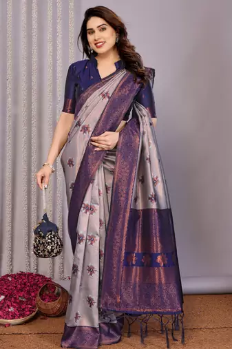 grey neavy blue silk blend banarasi saree with unstitched blouse piece