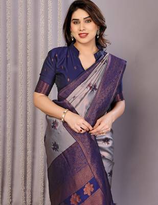 grey neavy blue silk blend banarasi saree with unstitched blouse piece 1