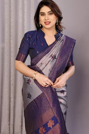 grey neavy blue  soft art silk blend banarasi jacuard work designer party wear saree with unstitched blouse piece