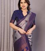 grey neavy blue  soft art silk blend banarasi jacuard work designer party wear saree with unstitched blouse piece