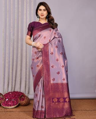 lavender wine silk blend banarasi saree with unstitched blouse piece 2
