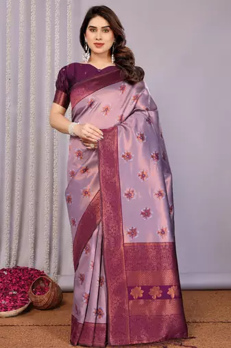 lavender wine  soft art silk blend banarasi jacuard work designer party wear saree with unstitched blouse piece