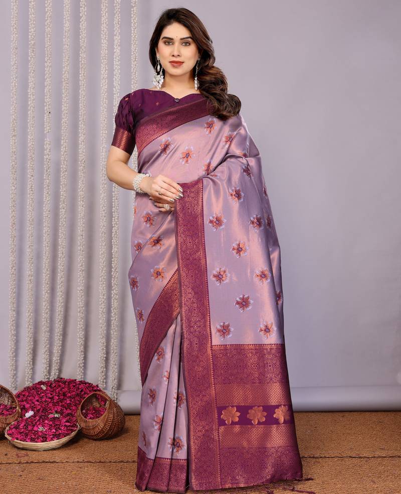 lavender wine  soft art silk blend banarasi jacuard work designer party wear saree with unstitched blouse piece