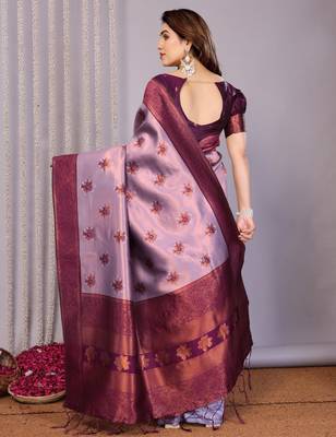 lavender wine silk blend banarasi saree with unstitched blouse piece 3