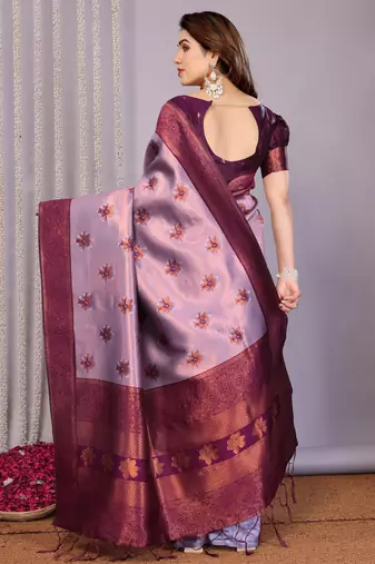 lavender wine silk blend banarasi saree with unstitched blouse piece