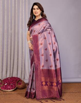 lavender wine silk blend banarasi saree with unstitched blouse piece 4