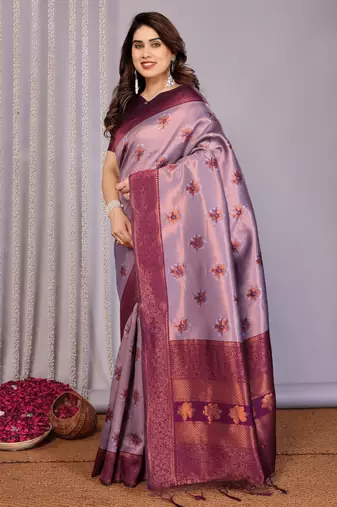 lavender wine silk blend banarasi saree with unstitched blouse piece