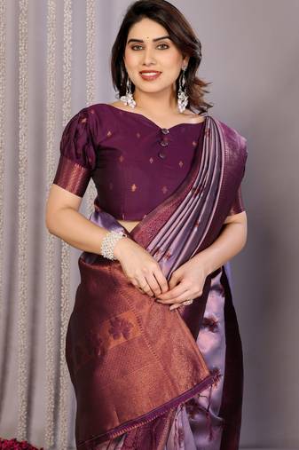 lavender wine  soft art silk blend banarasi jacuard work designer party wear saree with unstitched blouse piece