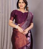 lavender wine  soft art silk blend banarasi jacuard work designer party wear saree with unstitched blouse piece