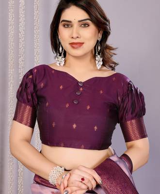 lavender wine silk blend banarasi saree with unstitched blouse piece 5