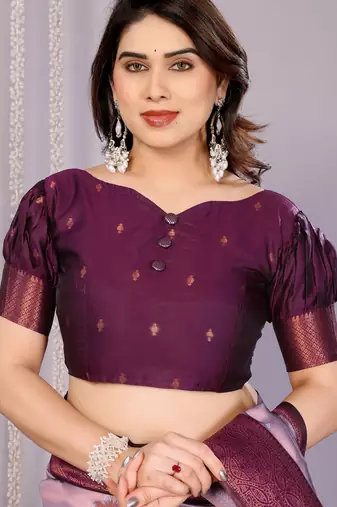 lavender wine silk blend banarasi saree with unstitched blouse piece