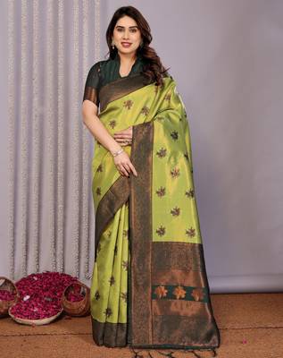 lemon green silk blend banarasi saree with unstitched blouse piece 2