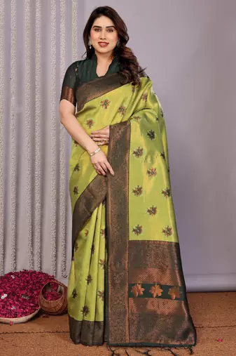 lemon green  soft art silk blend banarasi jacuard work designer party wear saree with unstitched blouse piece