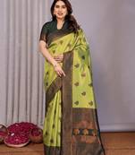 lemon green  soft art silk blend banarasi jacuard work designer party wear saree with unstitched blouse piece