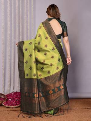 lemon green silk blend banarasi saree with unstitched blouse piece 3