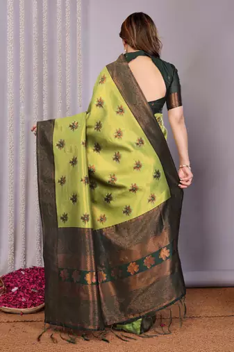 lemon green silk blend banarasi saree with unstitched blouse piece