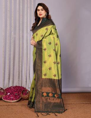 lemon green silk blend banarasi saree with unstitched blouse piece 4