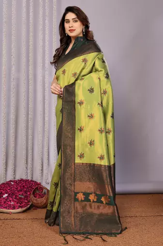 lemon green silk blend banarasi saree with unstitched blouse piece