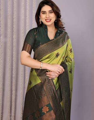 lemon green silk blend banarasi saree with unstitched blouse piece 1