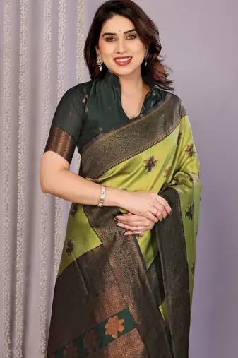 lemon green  soft art silk blend banarasi jacuard work designer party wear saree with unstitched blouse piece