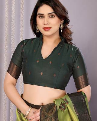 lemon green silk blend banarasi saree with unstitched blouse piece 5