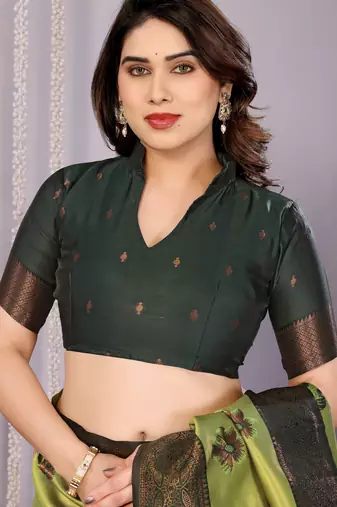 lemon green silk blend banarasi saree with unstitched blouse piece