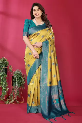 lemon rama  soft art silk blend banarasi jacuard work designer party wear saree with unstitched blouse piece