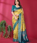 lemon rama  soft art silk blend banarasi jacuard work designer party wear saree with unstitched blouse piece