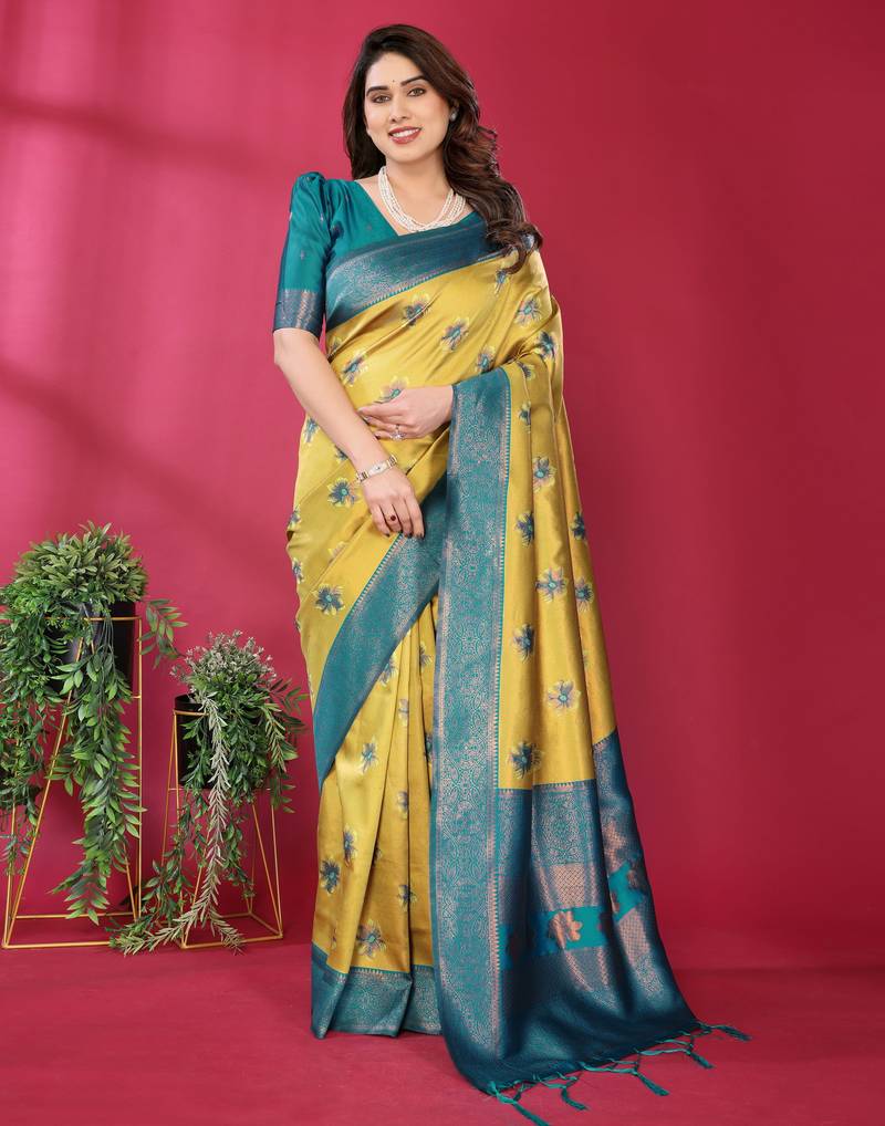 lemon rama  soft art silk blend banarasi jacuard work designer party wear saree with unstitched blouse piece