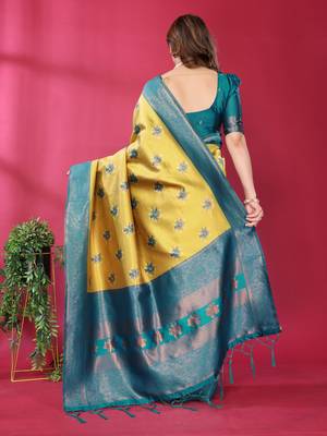 lemon rama silk blend banarasi saree with unstitched blouse piece 3
