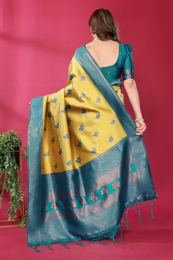 lemon rama silk blend banarasi saree with unstitched blouse piece
