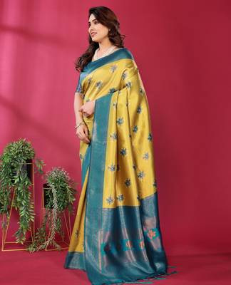 lemon rama silk blend banarasi saree with unstitched blouse piece 4
